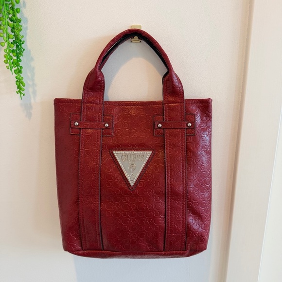 Guess Handbags - GUESS Y2K Burgundy Monogram Hand Bag Signature Silver Triangle Rhinestone Logo